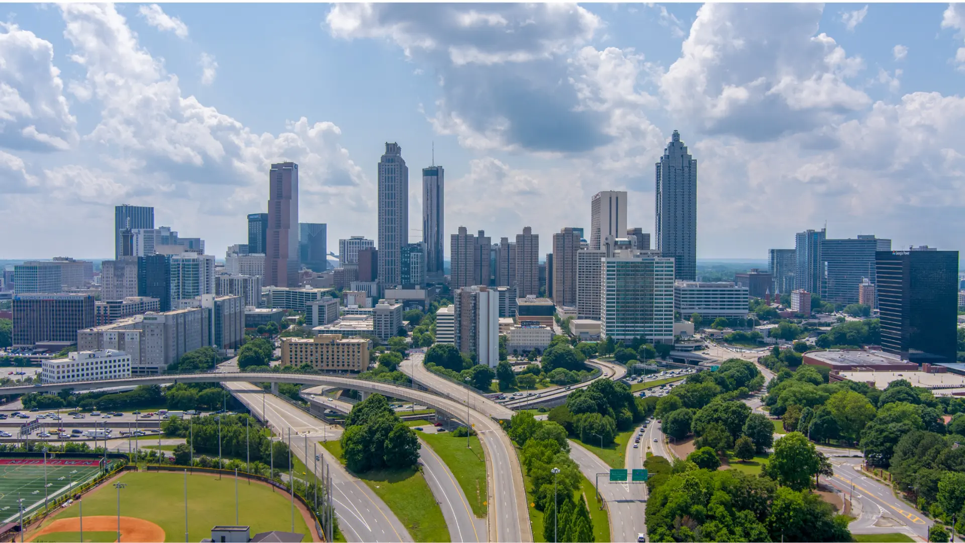 Aerial view of the downtown Atlanta skyline and interstate corridors