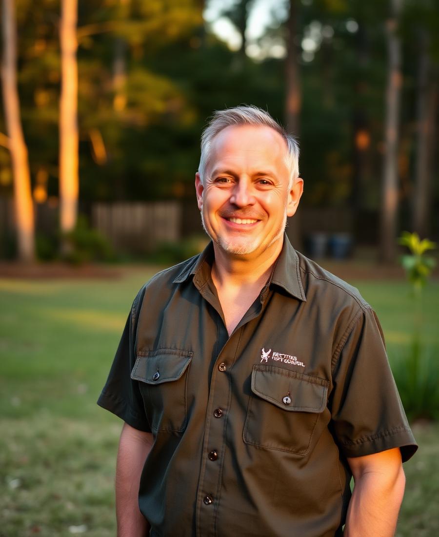 Owner of Nature's Own Exterminating standing in a wooded North Georgia yard